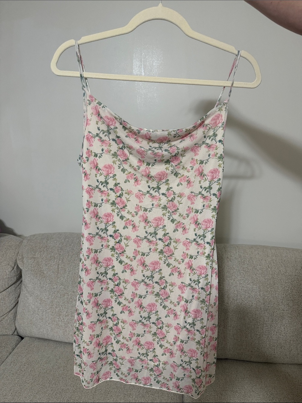 See You Monday Pink Floral Cowl Neck Mini Slip Dress